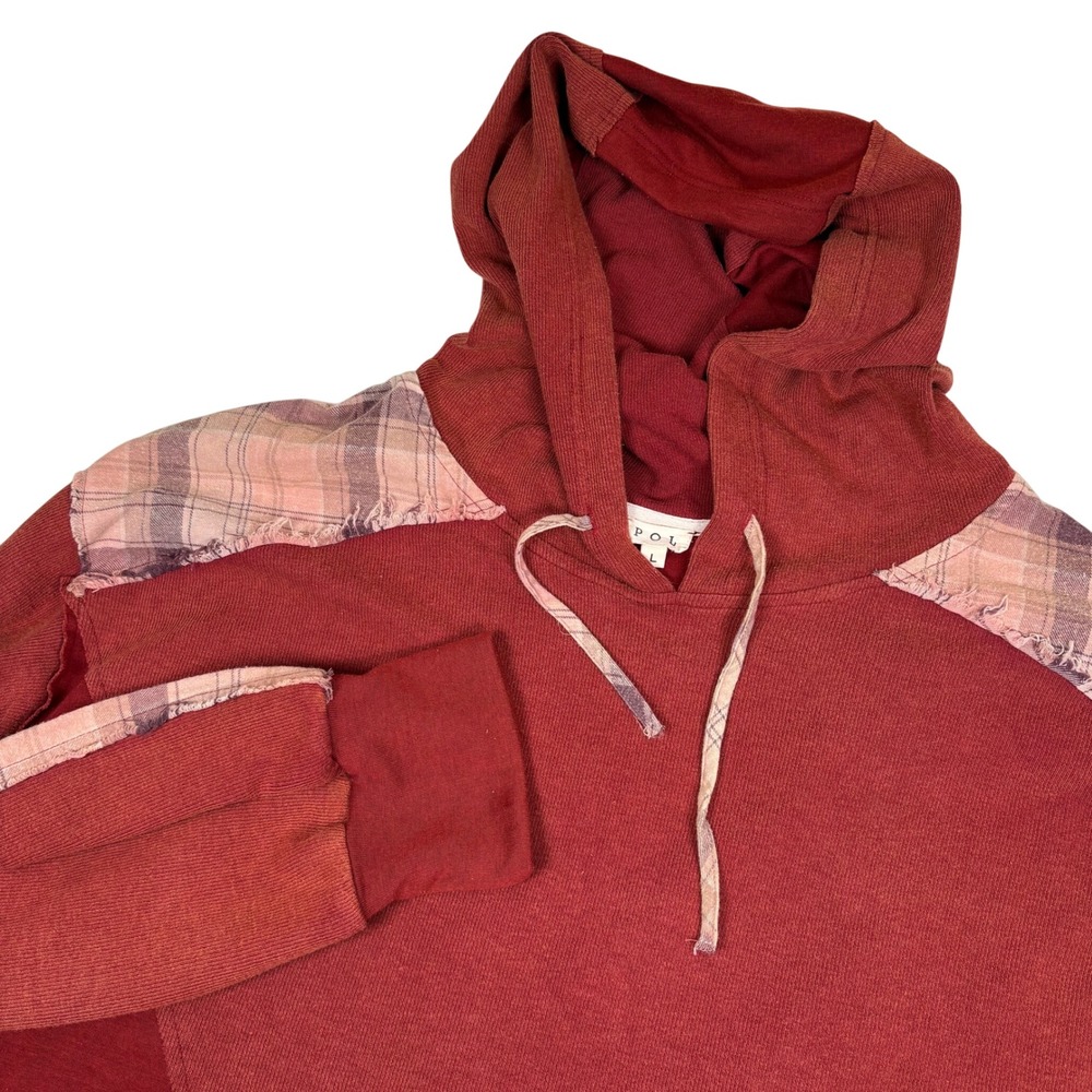 POL Patchwork Pullover Hoodie Womens Large Red Rust‎ Plaid Pocket Drawstring